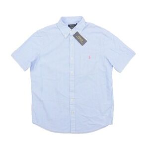 Mens Polo Ralph Lauren button down crepe shirt Blue White  Vertical Stripe Pink